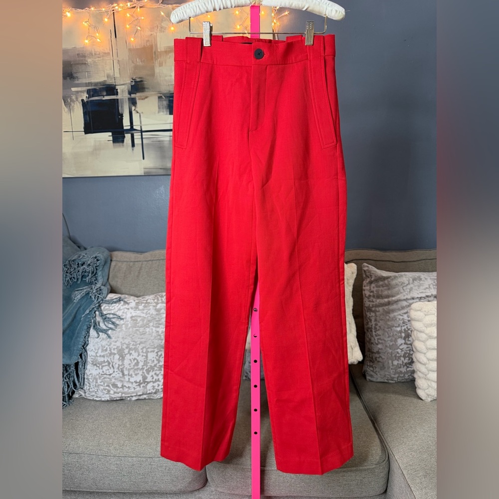 Zara Red High Waisted Straight Leg Trousers Tailored Pants Size 29